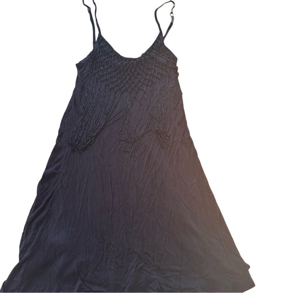 Earthbound Trading Co Black Macrame Fringe Mini Dress Boho Festival Women Medium